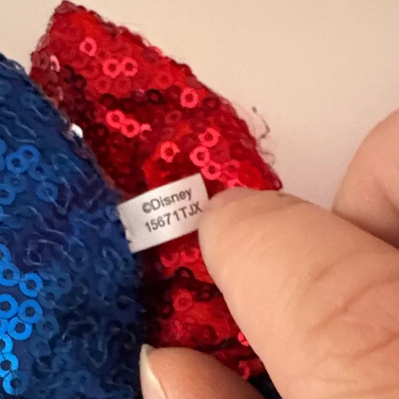 Disney Minnie Mouse Patriotic White And Blue Sequin Ears with Red Bow - Picture 3 of 3